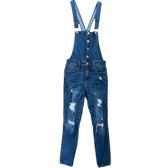 Aero Aeropostale Y2K Distressed Cross Back Straps Button-up Denim Overall SZ 6 - Picture 2 of 16